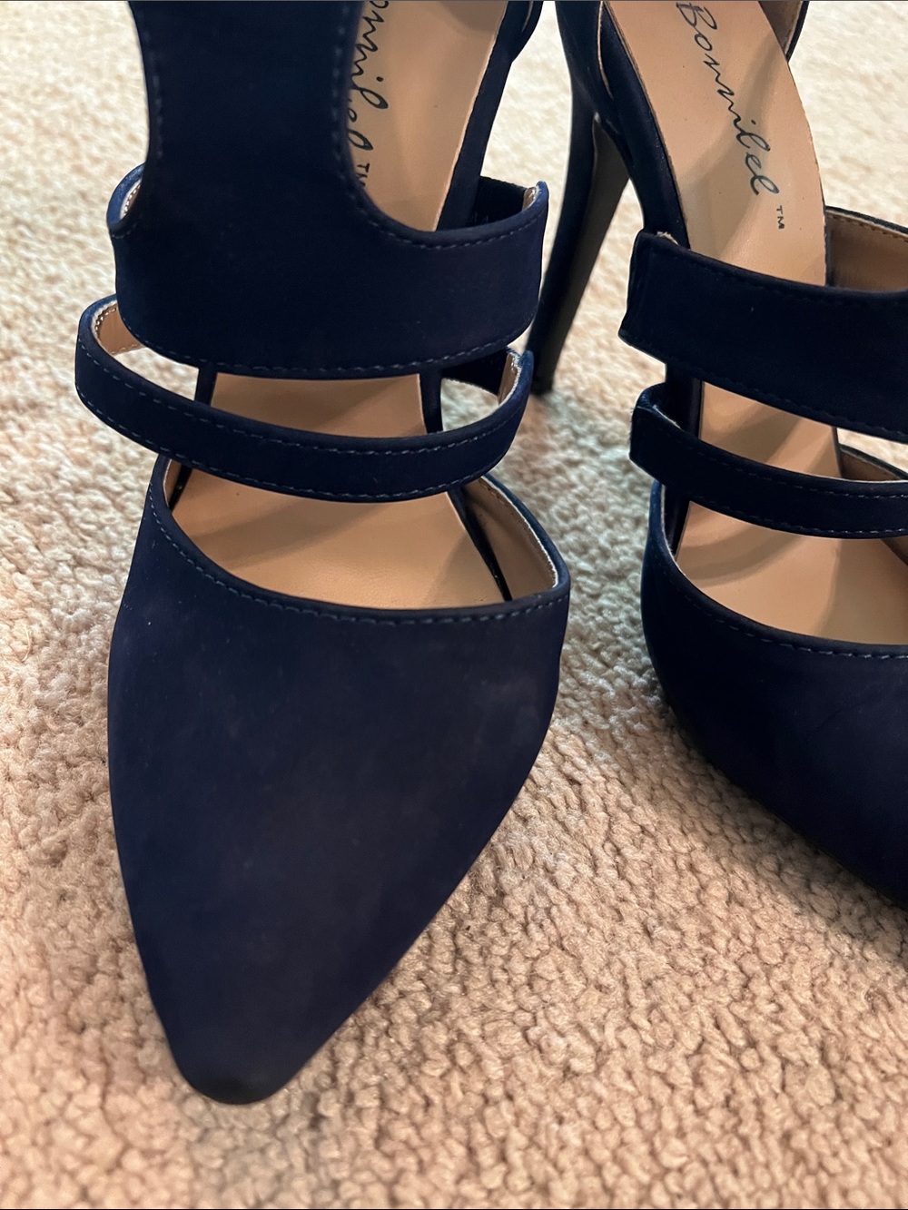 Bonnibel Navy Pointed-Toe Triple-Strap Heels - Picture 3 of 8